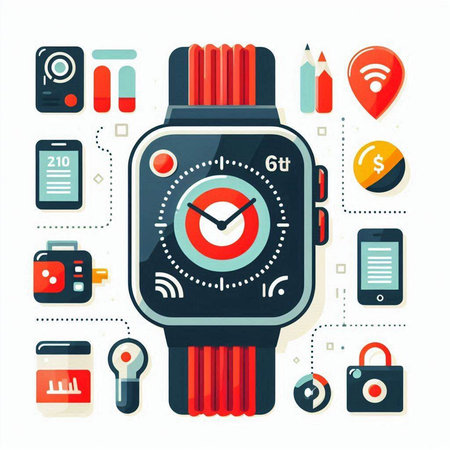 Smart watch with different application icons. Vector illustration in flat style.のイラスト素材