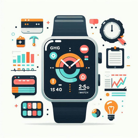 Smart watch with different icons on the screen. Vector illustration in flat style.のイラスト素材
