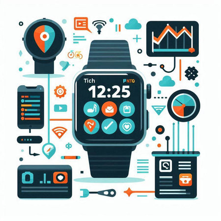 Smart watch with application icons. Flat design style. Vector illustration.のイラスト素材