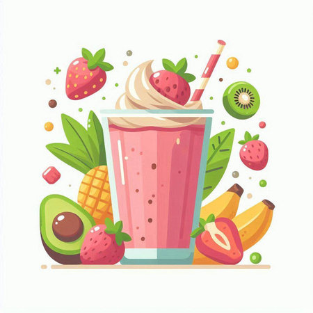 Fruit smoothie in a glass with strawberries, banana, kiwi and coconut. Vector illustration.のイラスト素材