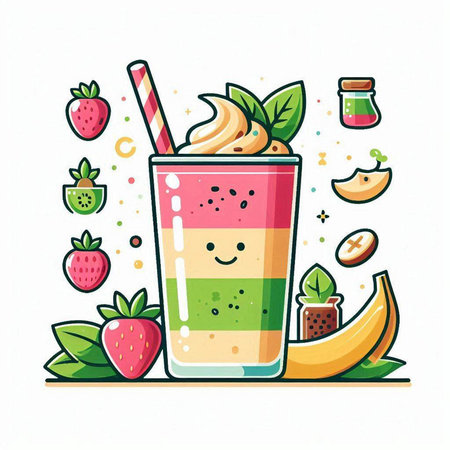 Vector illustration of a smoothie with banana, strawberry and mint.のイラスト素材