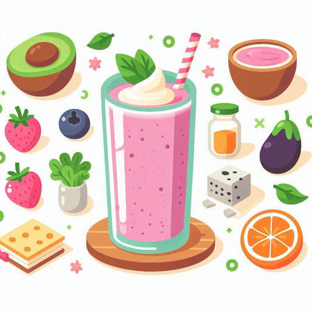 Fruit smoothie in a glass and ingredients. Vector illustration.のイラスト素材