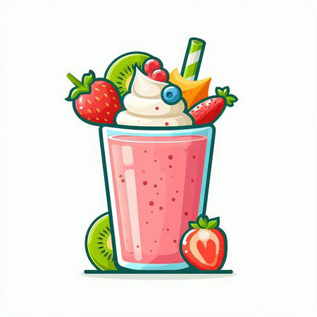 Strawberry smoothie with whipped cream and fruits. Vector illustration.のイラスト素材