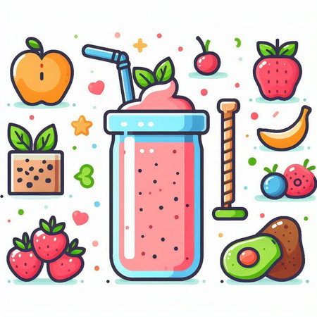 Strawberry smoothie with fruits and berries. Vector illustration.のイラスト素材