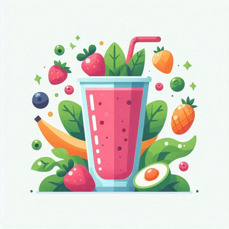 Fruit smoothie vector illustration. Strawberry, banana, apple, orange, blueberry, strawberry, avocado, mint leaves.のイラスト素材
