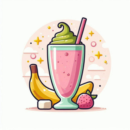 Fruit smoothie with banana, strawberry and ice cream. Vector illustrationのイラスト素材