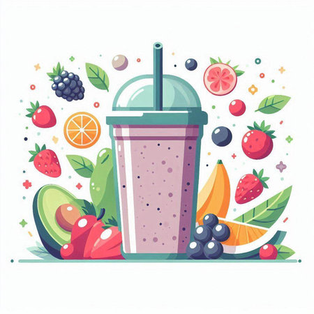 Vector illustration of smoothie with fruits and berries in flat style.のイラスト素材