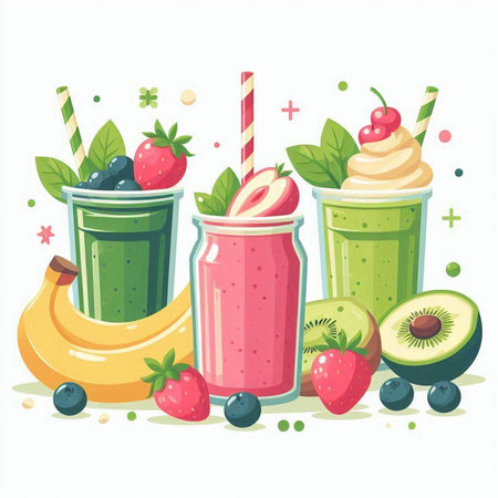 Fruit smoothies in glasses with fruits and berries. Vector illustration.のイラスト素材