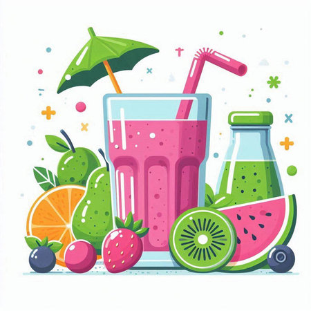 Fruit smoothies in a glass with a straw. Vector illustration.のイラスト素材