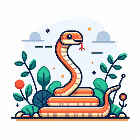 Cute snake in the jungle. Vector illustration in flat style.のイラスト素材