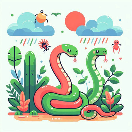 Cute snake in the garden. Vector illustration in flat style.のイラスト素材