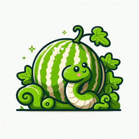 Cute cartoon green caterpillar eating watermelon. Vector illustration.のイラスト素材