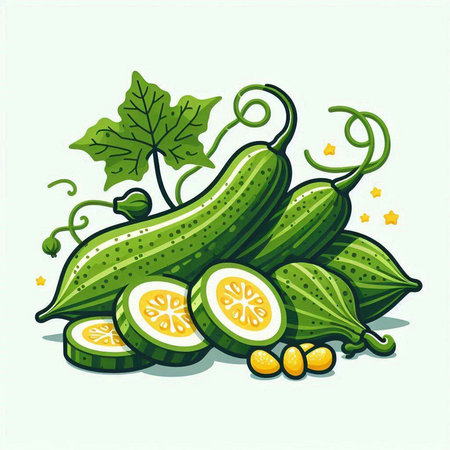 Illustration of fresh zucchini with green leaves and slices.のイラスト素材