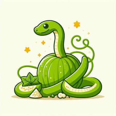 Illustration of green snake with melon on light green background.のイラスト素材