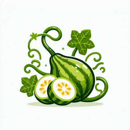 Illustration of green pumpkins with leaves isolated on a white backgroundのイラスト素材