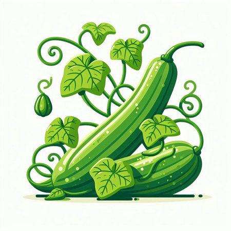 Cucumber with green leaves. Vector illustration on white background.のイラスト素材