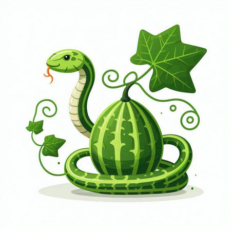 Watermelon with green leaves and snake. Vector illustration isolated on white background.のイラスト素材