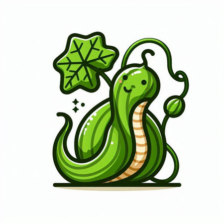 Illustration of a green snake and clover on a white backgroundのイラスト素材