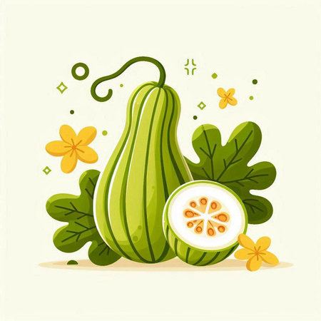 Vector illustration of zucchini with leaves and flower on light backgroundのイラスト素材