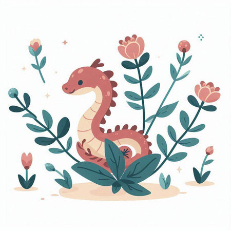 Cute cartoon seahorse with flowers, leaves and plants. Vector illustration.のイラスト素材