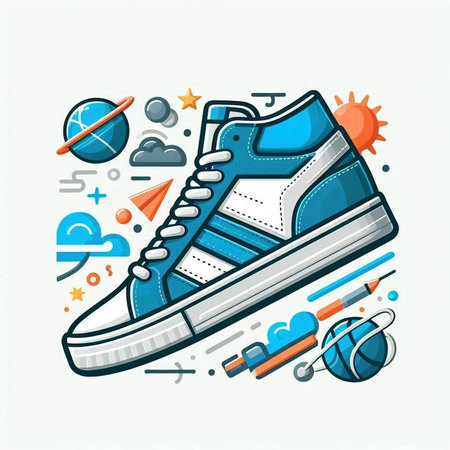 Sneakers with sport elements. Vector illustration in thin line style.のイラスト素材