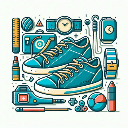 Vector line art icons set of sneakers, camera and other accessories.のイラスト素材