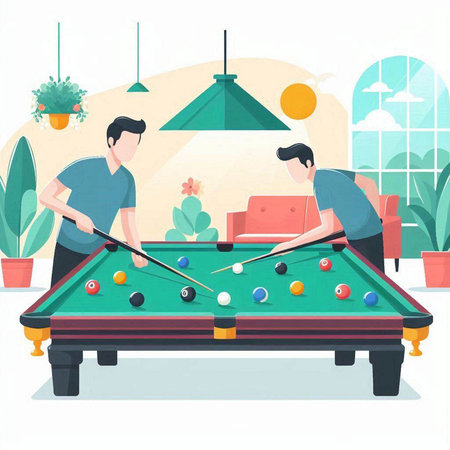 Two men play billiards in the living room. Vector illustrationのイラスト素材