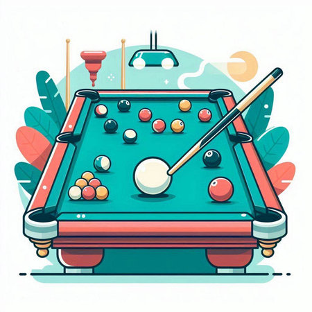 Vector illustration of billiard table with balls and cue in flat styleのイラスト素材