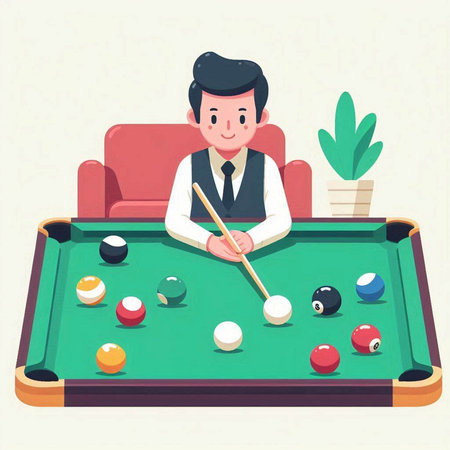 Young man playing billiards. Vector illustration in cartoon style.のイラスト素材
