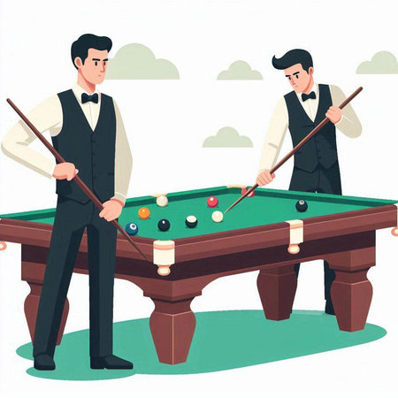 Illustration of two men playing billiards on a white backgroundのイラスト素材