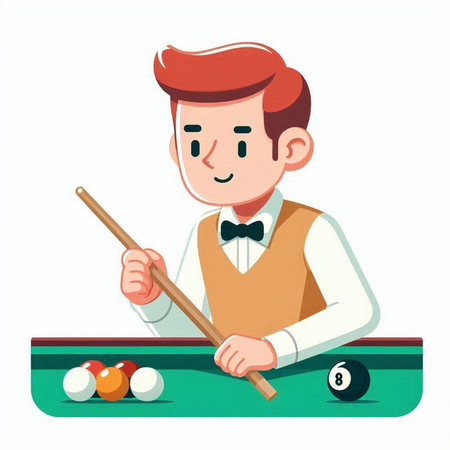 Cheerful man playing billiard. Vector illustration in cartoon styleのイラスト素材