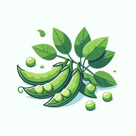 Fresh green peas with leaves on a white background. Vector illustration.のイラスト素材