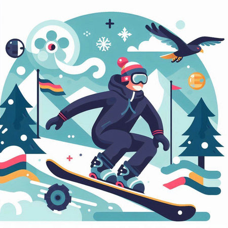 Snowboarder riding a snowboard in the mountains. Vector illustration.のイラスト素材