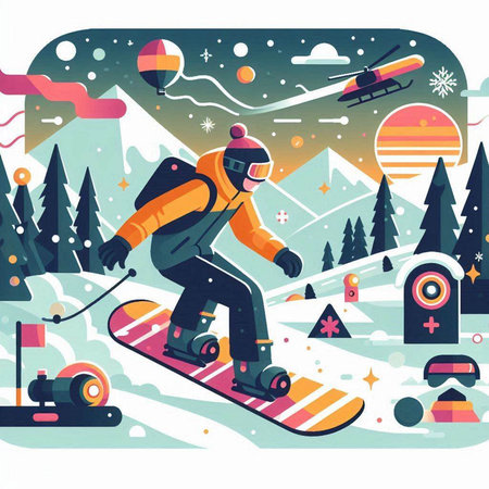 Snowboarder on snowboard in mountains. Vector illustration in flat styleのイラスト素材
