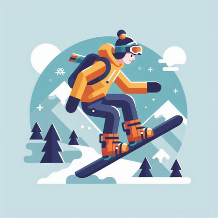 Snowboarder jumping in the mountains. Flat style vector illustration.のイラスト素材