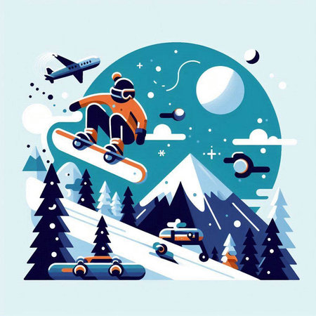 Snowboarder riding a snowboard in the mountains. Vector illustrationのイラスト素材