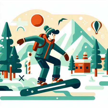 Snowboarder in the mountains. Flat style vector illustration. Cartoon character.のイラスト素材