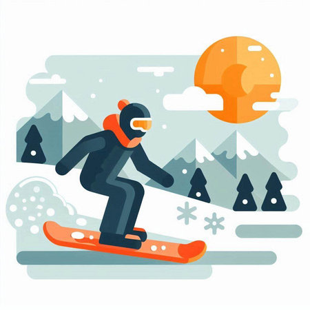Snowboarder on the background of snow-covered landscape. Flat style vector illustration.のイラスト素材