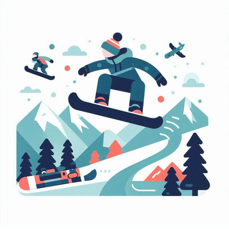 Snowboarder in the mountains. Vector illustration in flat style.のイラスト素材