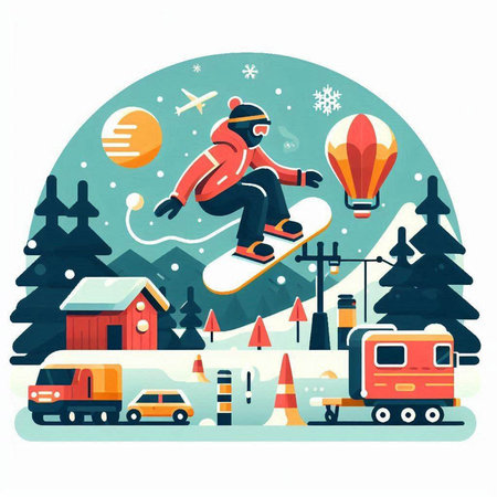 Snowboarder riding a snowboard in the mountains. Vector illustration.のイラスト素材
