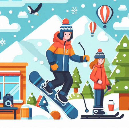 Snowboarder boy and girl in winter sportswear. Vector illustration.のイラスト素材