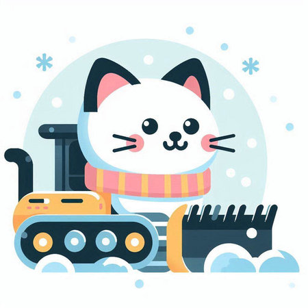 Cute cartoon cat in winter clothes with snow plow. Vector illustration.のイラスト素材
