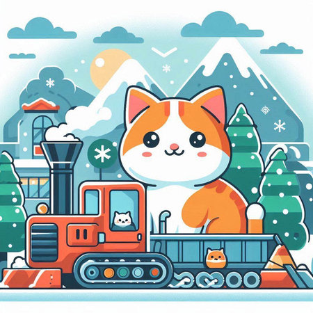 Vector illustration of cute cat with snowplow on the background of mountains.のイラスト素材