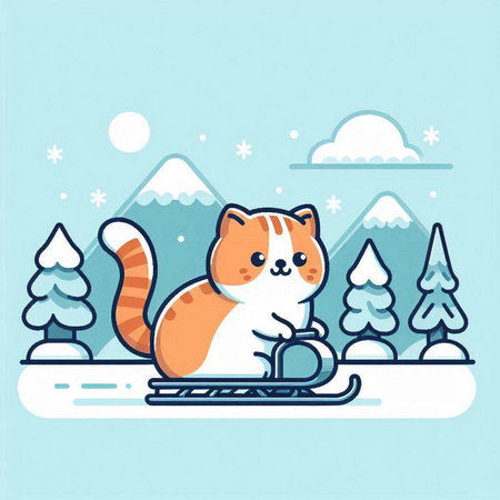 Cute cat on a sled. Vector illustration in flat style.のイラスト素材