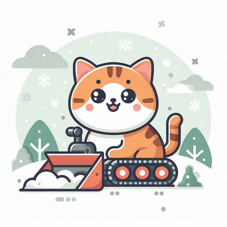 Cute cat with snow plow. Vector illustration in flat style.のイラスト素材