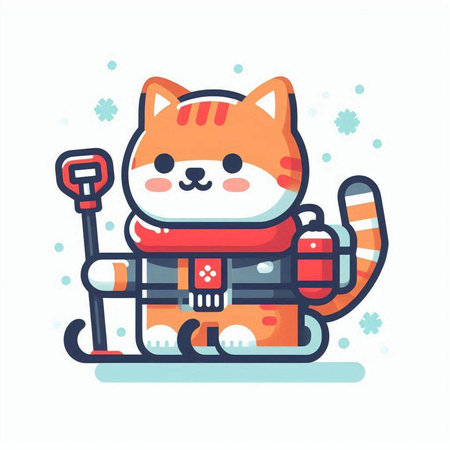 Cute cartoon cat in sledge. Vector illustration in flat style.のイラスト素材