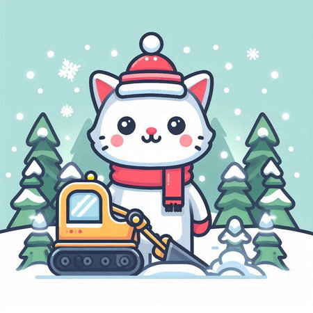 Cute cat in winter clothes with snow plow. Vector illustration.のイラスト素材