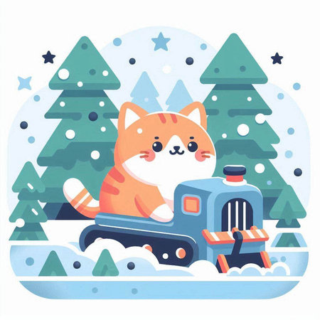 Cute red cat with snowplow in winter forest. Flat vector illustration.のイラスト素材
