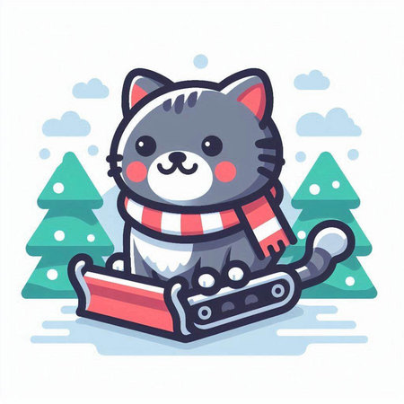 Cute cat with a sled in the winter. Vector illustration.のイラスト素材