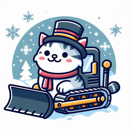 Cute cartoon cat in a snow plow. Vector illustration.のイラスト素材